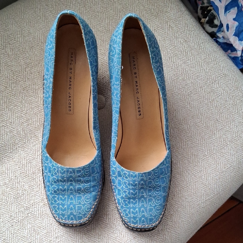 Marc by Marc Jacobs Light Blue Logo Denim Platform Pumps